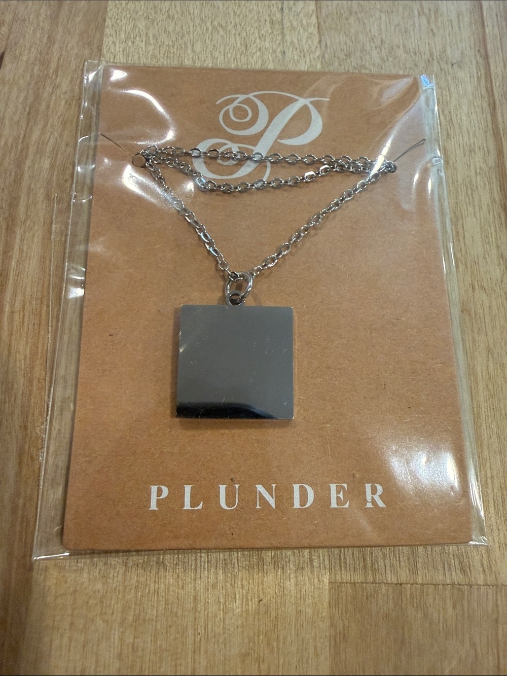 Plunder Polished Silver Square Pendant Necklace